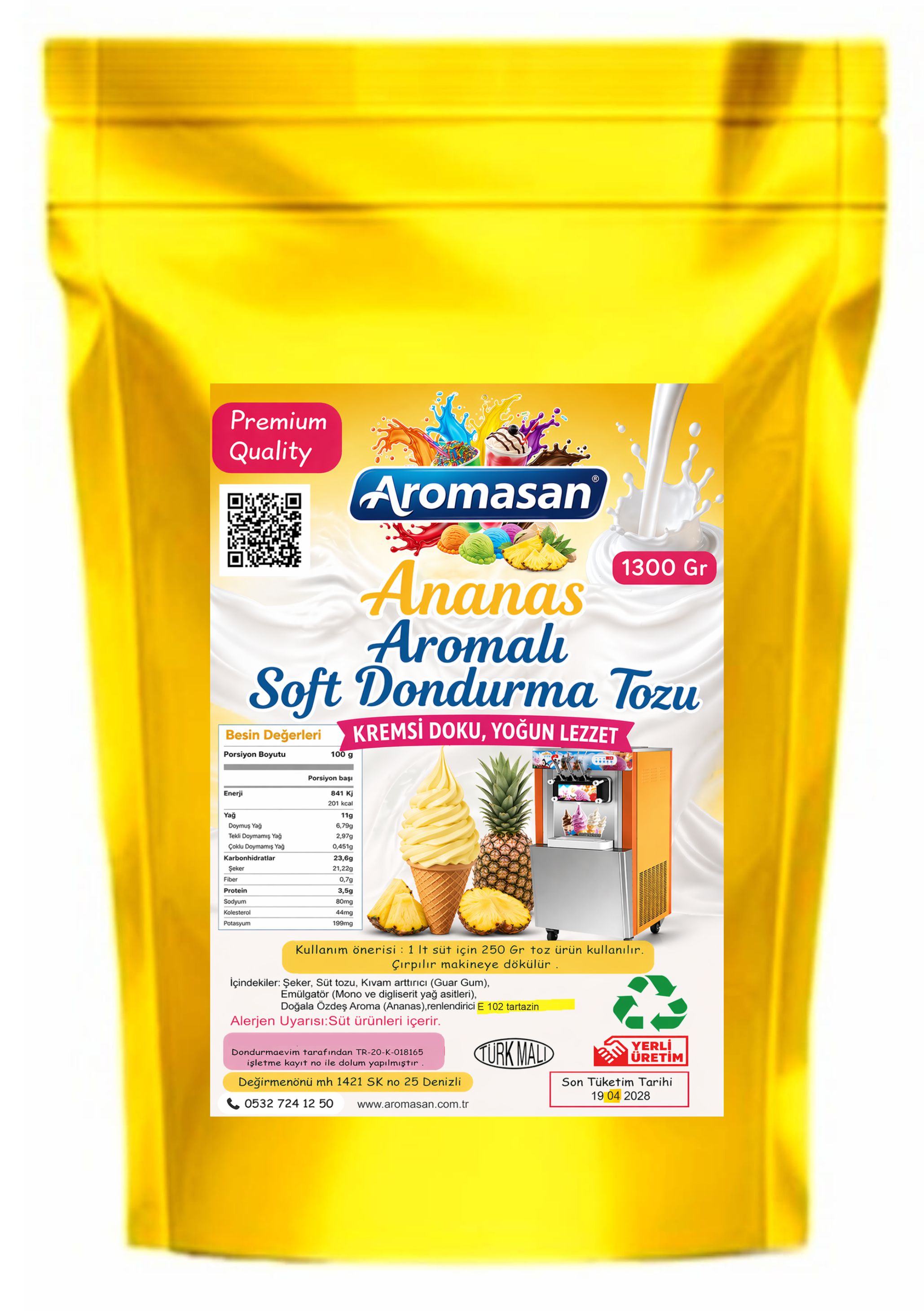 Ananas Aromalı Soft Dondurma Tozu 1300 gr – Taze ve Tropikal Tat